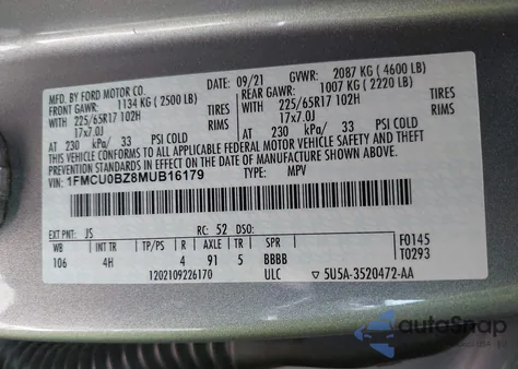 2021 Ford Escape Se Hybrid from USA, damaged, VIN 1FMCU0BZ8MUB16179